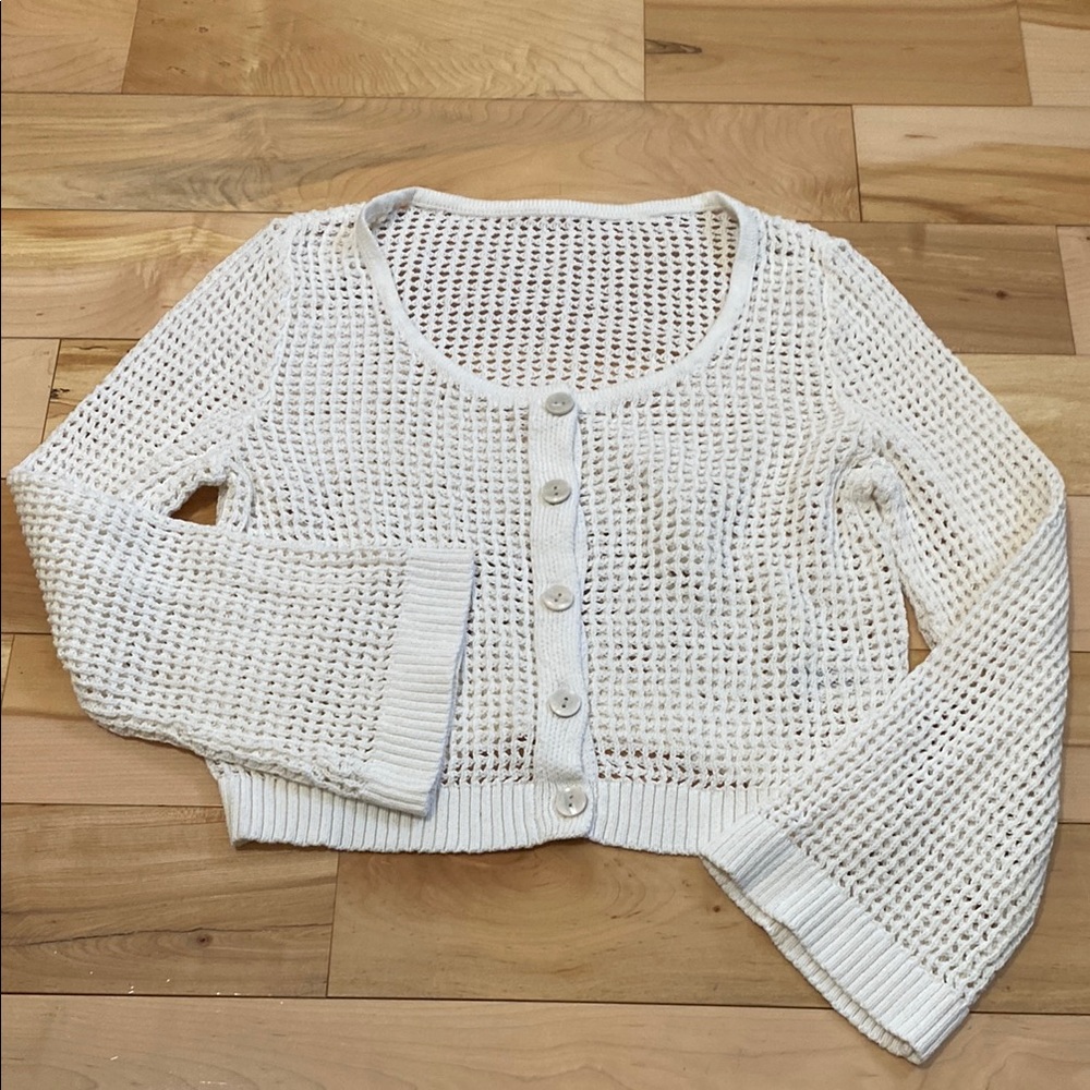 White Cotton Blend Knit button up Sweater